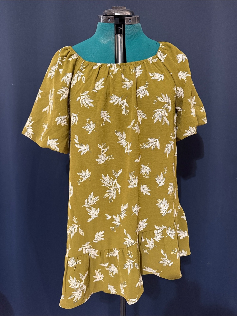 NWOT Cato Olive Green White Floral Off-Shoulder Ruffle Hem Tunic